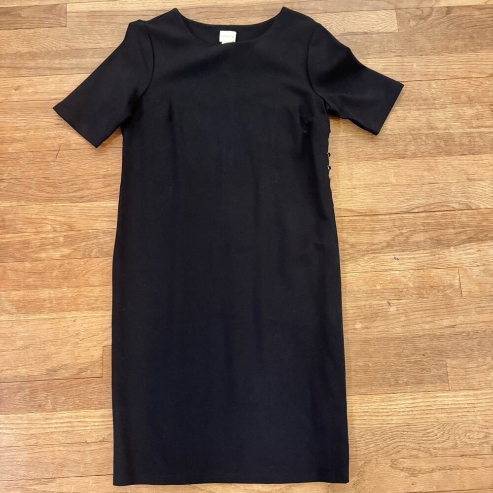 Chico's black short sleeve gold laced rivet knee length shift dress size 4
b27